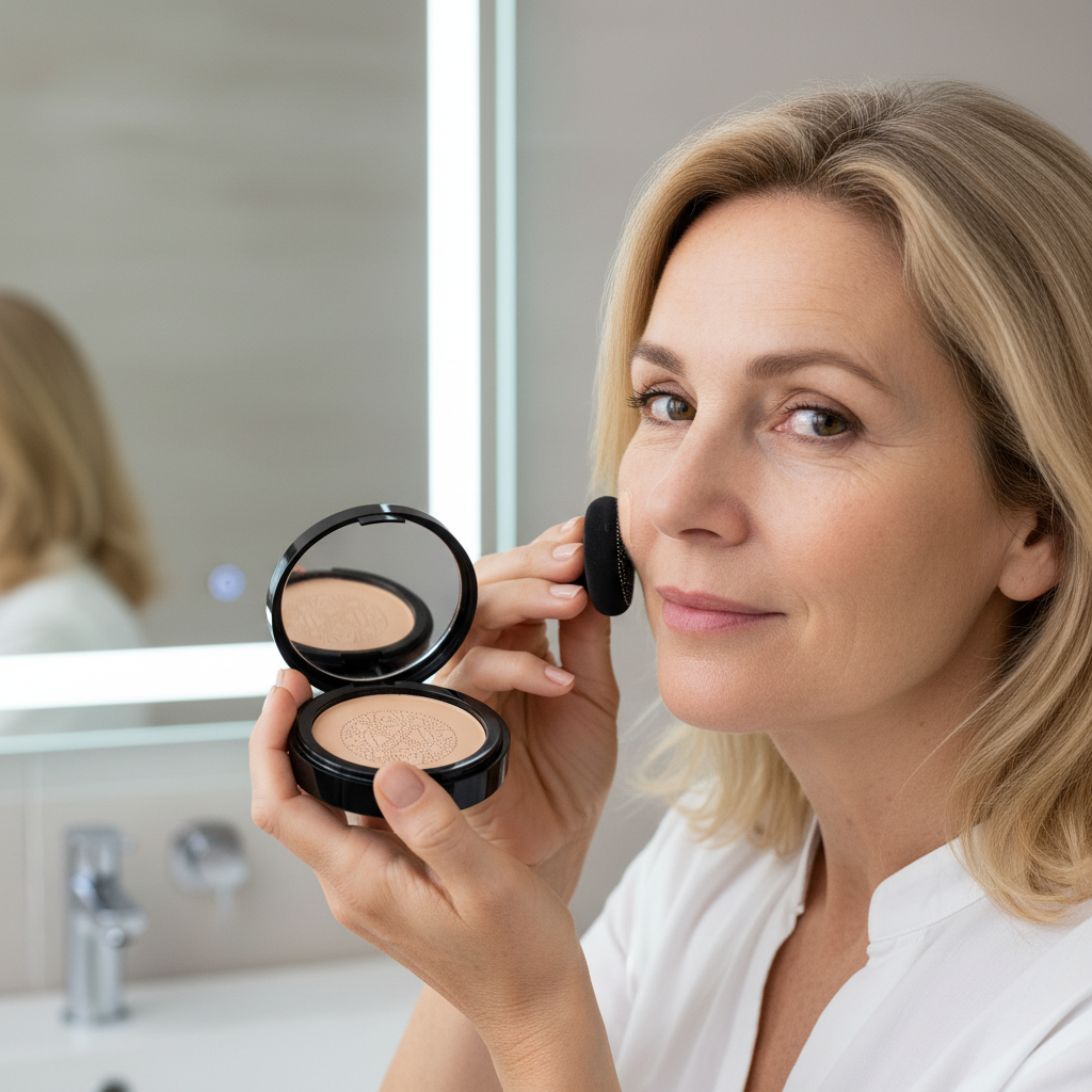 Vrouw brengt cushion foundation aan